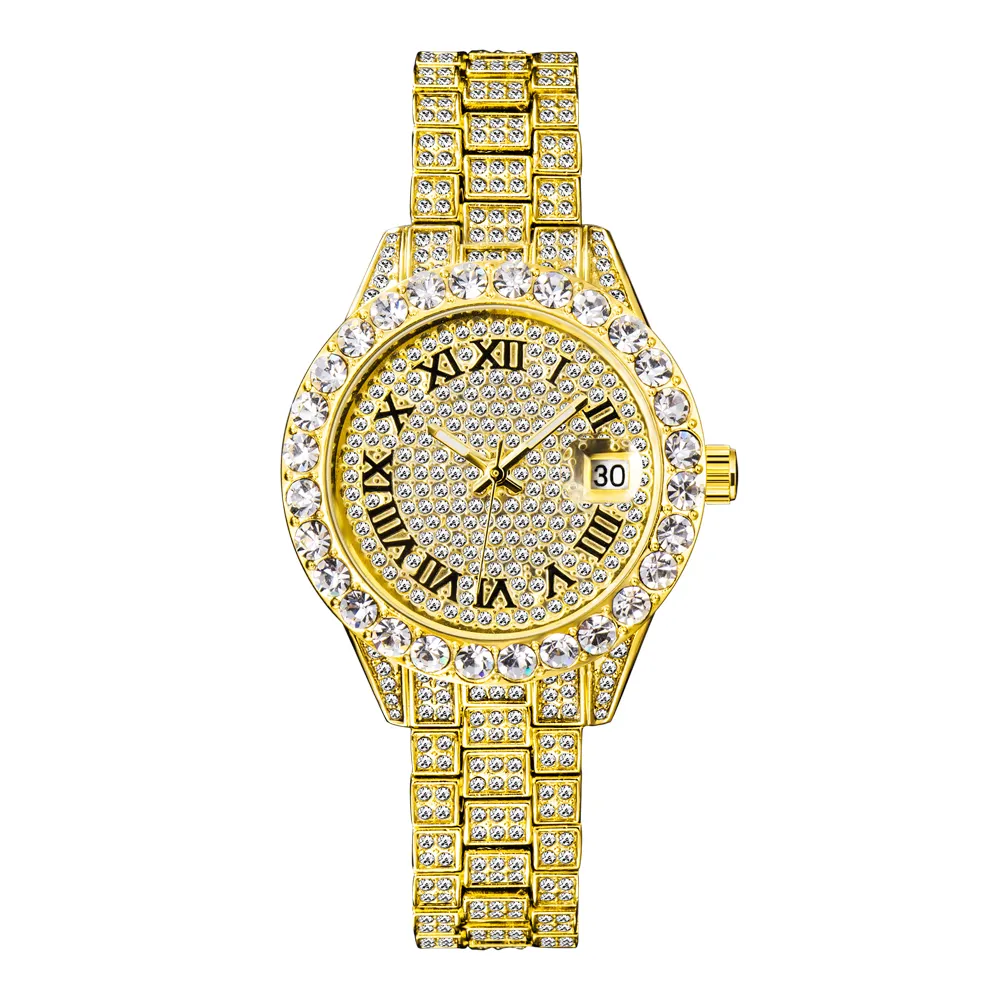 Reloj con diamantes sintéticos para hombre y mujer, pulsera masculina de acero inoxidable dorado, con estilo sobre el cielo