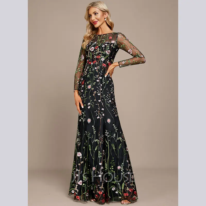 Vestido formal de tule bordado de renda preta de manga comprida, vestidos de festa de casamento até o chão, vestidos para a mãe da noiva