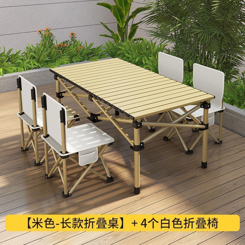 Khaki 95cm long table with 4 36cm folding chairs