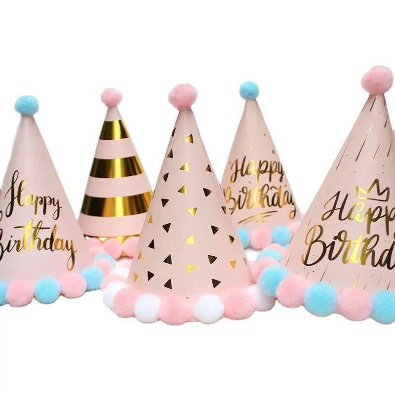 Sombrero de cono de feliz cumpleaños-Sombrero de pompones triangulares de papel de feliz cumpleaños para niños y adultos accesorio de disfraz de fiesta Decoración