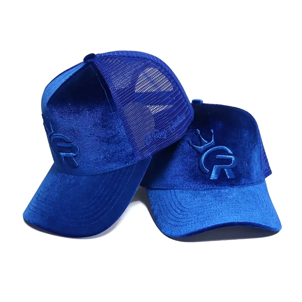 Oem özel moda 5 Panel yüksek kalite mavi kavisli ağız nakış özel Logo Mesh yapış geri 100% pamuk kadife şoför şapkası