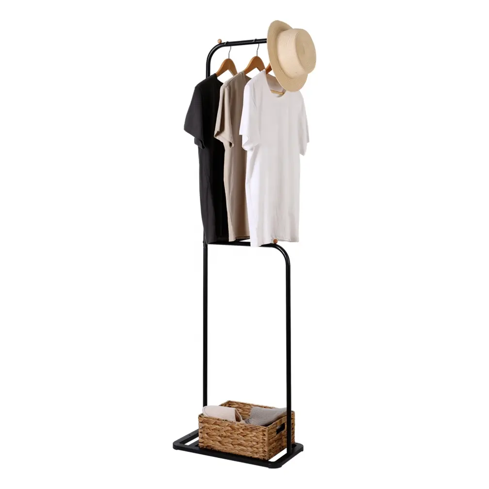 BAOYOUNI Black Metal Floor Standing Coat Rack Cabide de Roupas Trilhos De Armazenamento De Roupas Prateleira para Sapatos, Chapéus, Lenços, Jaqueta