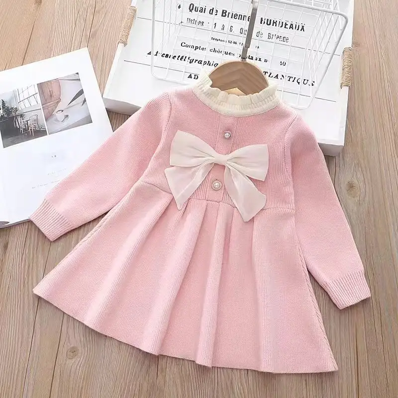 Fabrika fiyat yeni Model ismarlama prenses tarzı sevimli kız kışlık kıyafet örme bebek hırka kız kazak elbise