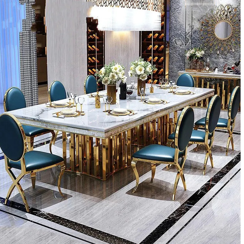โต๊ะและเก้าอี้หินอ่อนสีทองสำหรับห้องรับประทานอาหารเฟอร์นิเจอร์เชิงพาณิชย์อื่นๆโต๊ะรับประทานอาหาร
