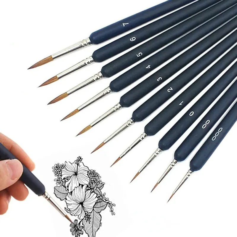 مجموعة من 10 قطع من أقلام الرسم المُصغَّرة المُزينة بخطاف والفُرَش الفنية لتلوين التفاصيل المائية والألوان المائية والزيتية المصنوعة من الأكريليك اللامع
