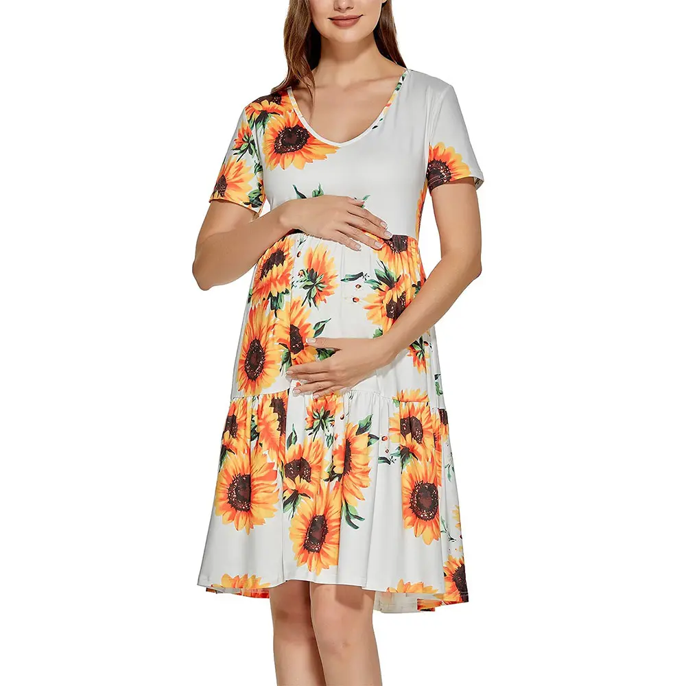 2023 femmes été à la mode maternité Floral solide robe col en V à volants décontracté fluide tunique ajustement élégant quotidien ample formel grande taille
