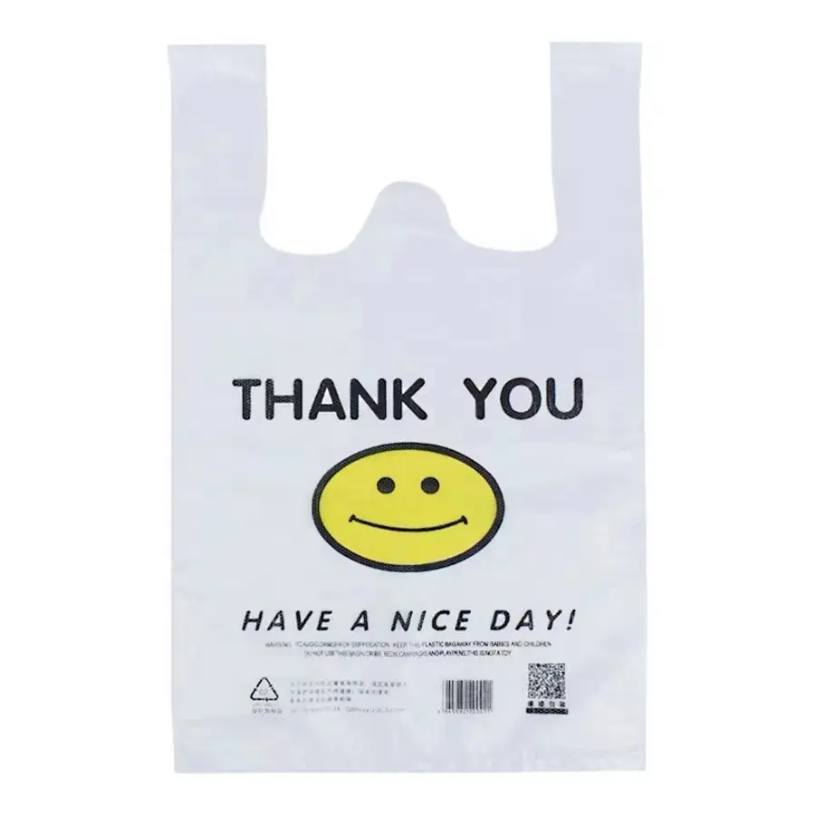 Дешевый пластиковый пакет для покупок, с улыбкой, лицом, фруктовый магазин, спасибо, жилет с ручкой, прозрачные сумки