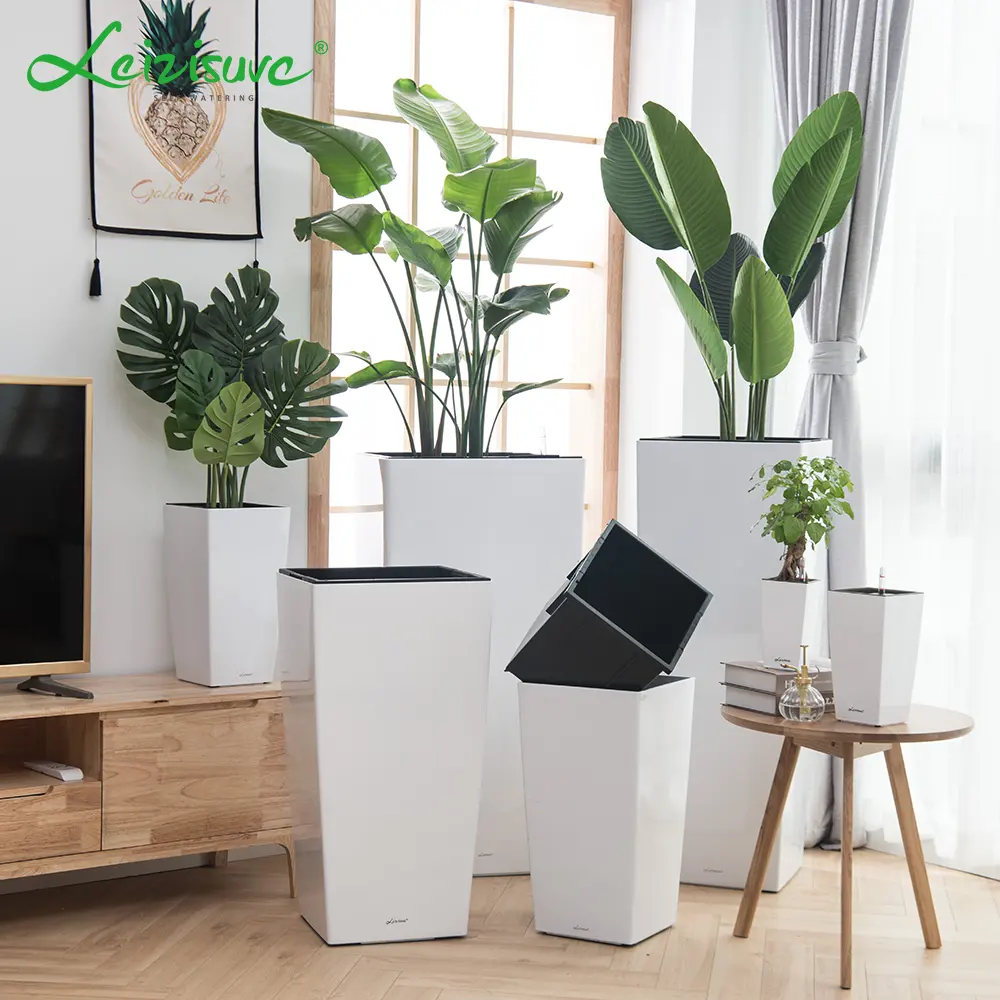 İskandinav uzun boylu sırlı beyaz zarif lüks akıllı kendinden sulama dev açık ev oturma odası kullanımı için bitki vazosu saksılar