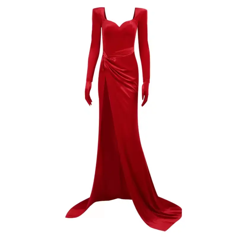 女性の赤いスリットの誕生日ドレス結婚式の誕生日パーティードレス女性のエクストラロングセクシースリムウエディングドレス