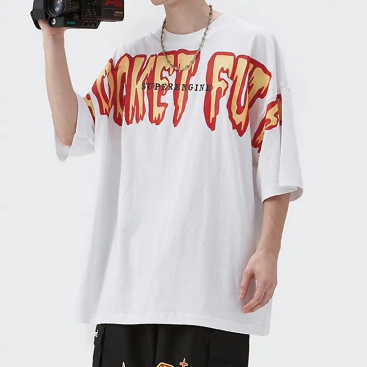 Magliette in cotone modello lettere fiamma magliette oversize da strada all'ingrosso per uomo alla moda