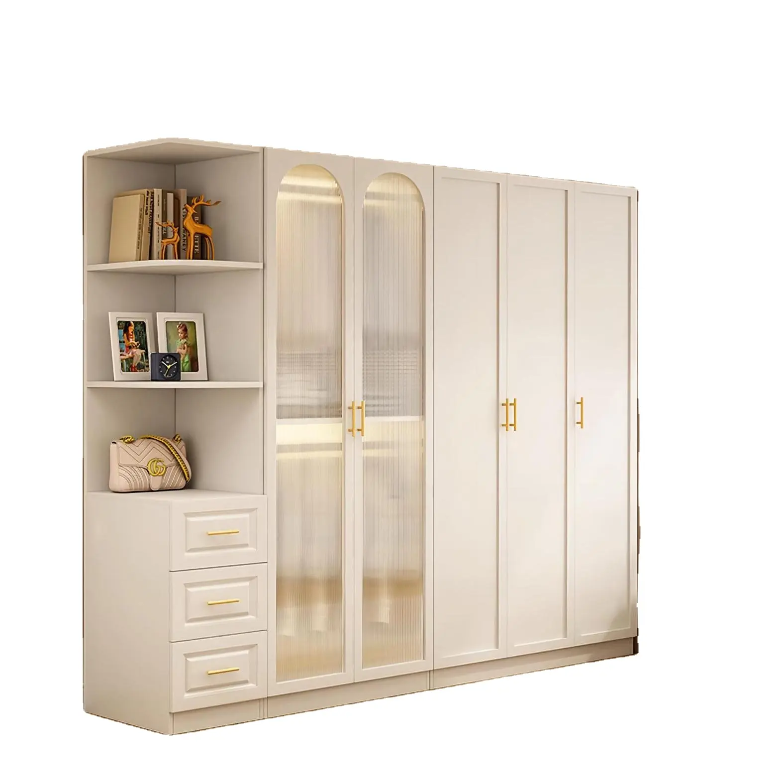 Guarda-roupa francês Quarto home Moderno luz luxo creme estilo retro branco personalizado madeira maciça vidro porta guarda-roupa