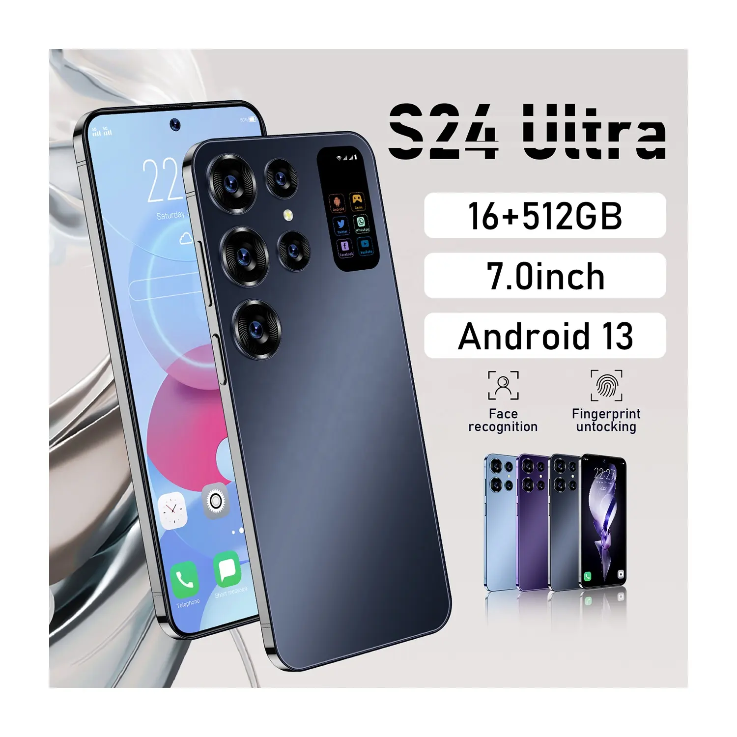 Téléphone portable Original S24 Ultra 12GB + 512GB Smartphone 7 pouces Débloqué double carte 5G Téléphones portables Android 13.0
