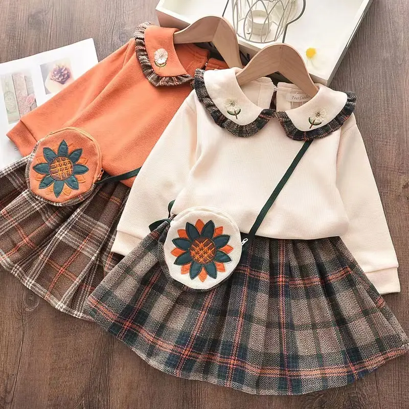 Осенние комплекты для девочек, хлопковые свитшоты с длинным рукавом и цветочным узором, топ, юбка в клетку с сумкой, комплект одежды для маленьких девочек