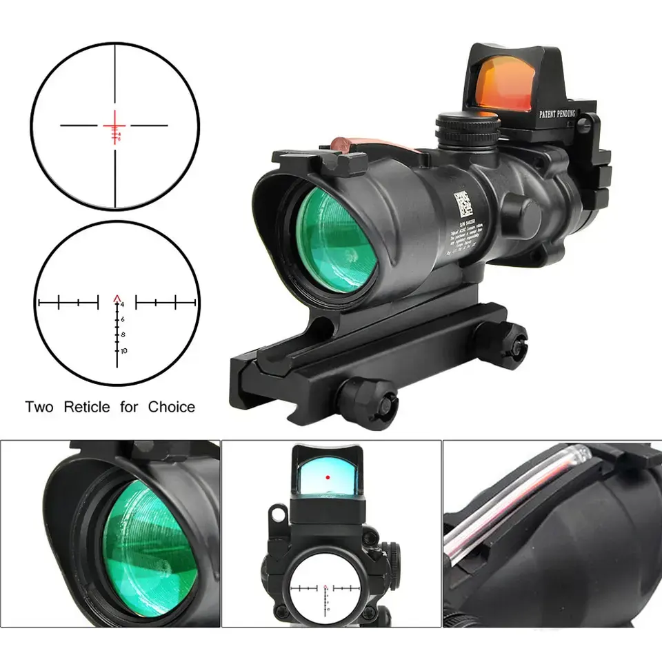نطاق رؤية بصري تكتيكي من الألياف الضوئية الحقيقية 4X32 ACOG نطاق رؤية ضوئي أحمر وأخضر 4 مرات نطاق رؤية صيد من النقاط الحمراء RMR 5 ميجاواط من ألومنيوم الليزر