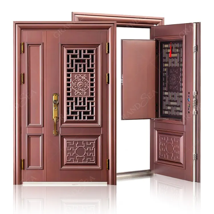 Vendita calda ultima progettazione moderna porta d'ingresso anteriore in acciaio inox sistema di sicurezza principale in legno esterno doppia porta in acciaio