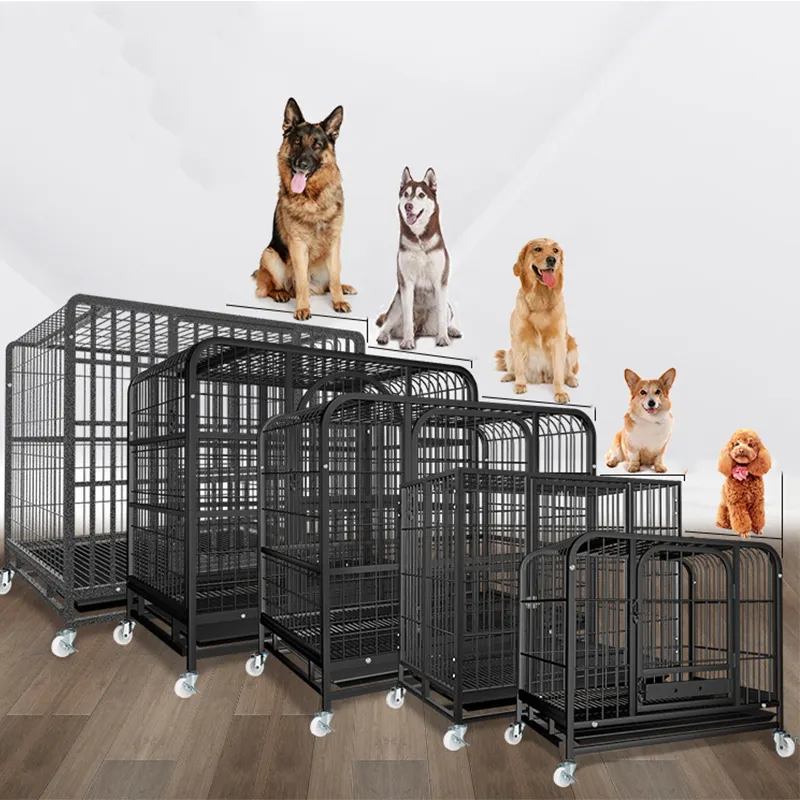 Yoellen design de luxo, design atualizado vários tamanhos tubo quadrado de aço preto durável fio de ferro de metal gaiola de plástico para cachorro com rodas