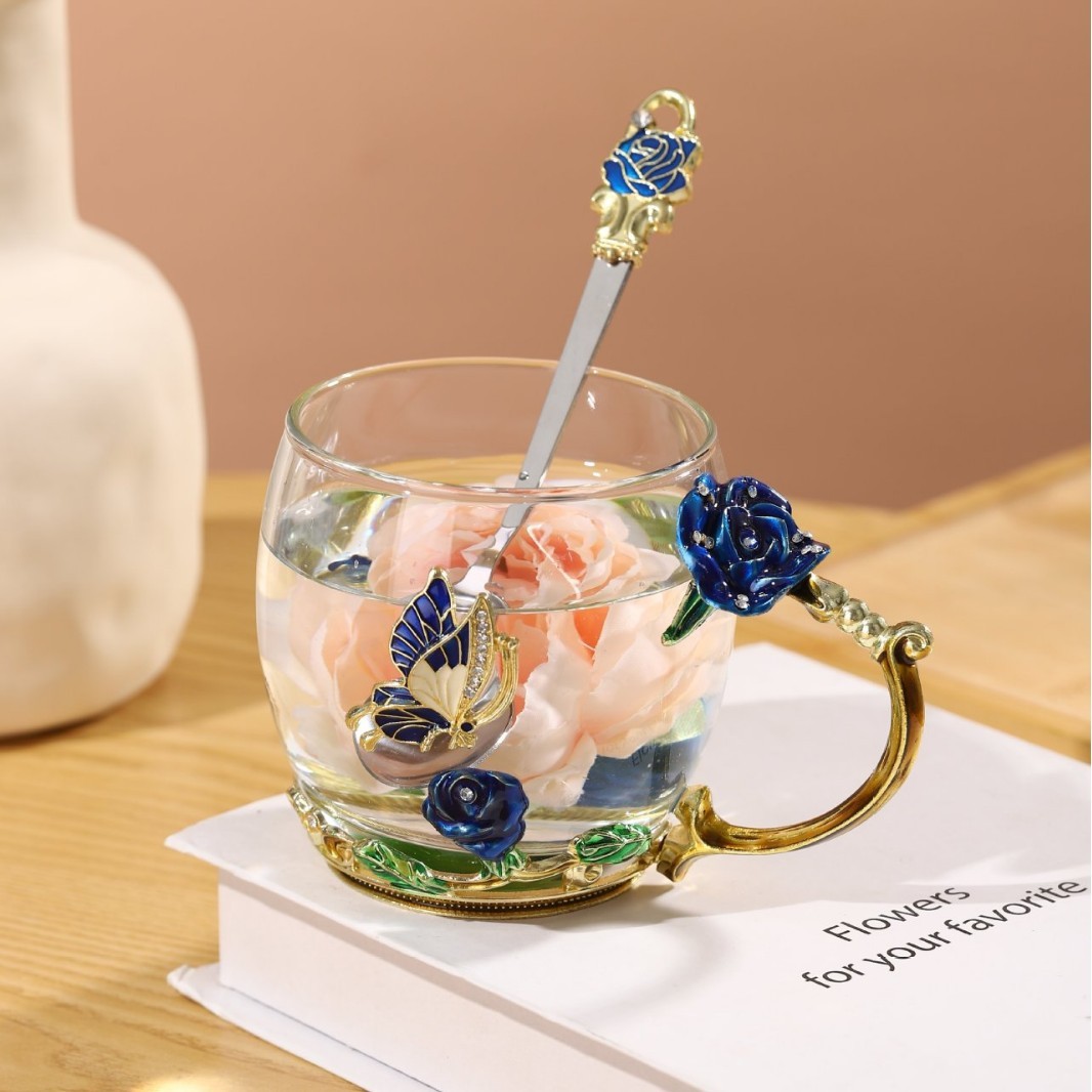 Taza Corta Rosa Azul con Cuchara (Embalaje de Espuma)