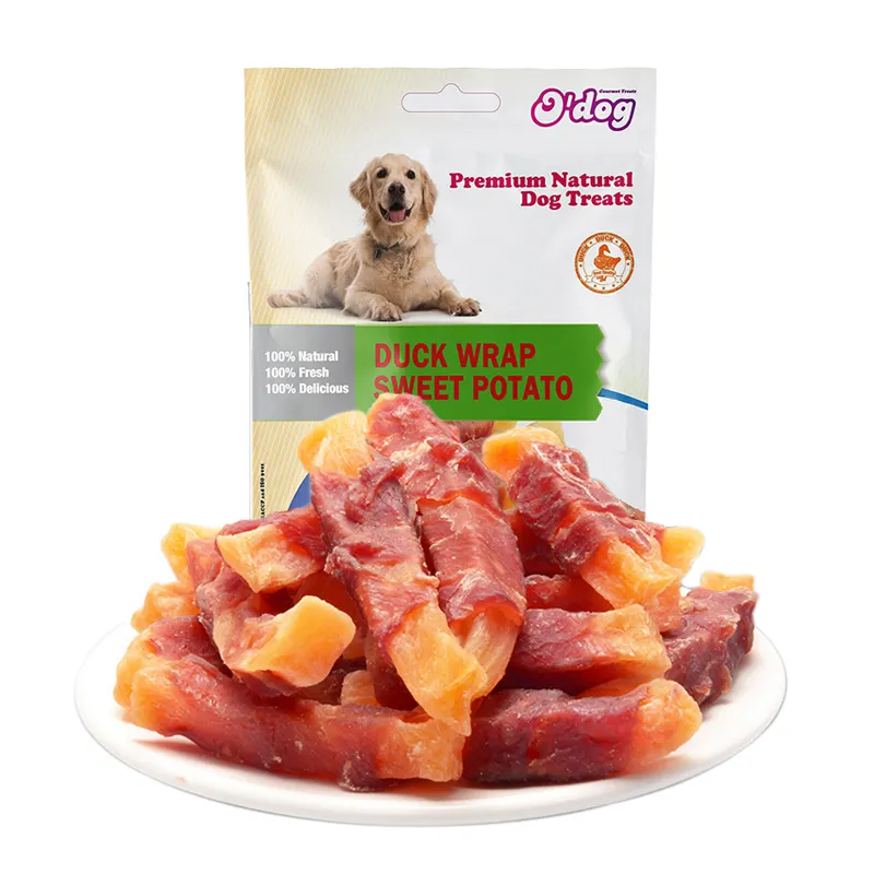 Vente en gros Casse-croûte pour chien Enveloppe de canard Patates douces Nourriture sèche pour chien Gâteries naturelles et saines pour chien canard