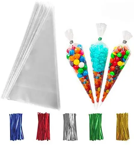 Bolsas de cono transparentes Bolsas de violonchelo OPP con mango de sellado térmico para bolsa de tubería de plástico de caramelo triangular Embalaje de comestibles