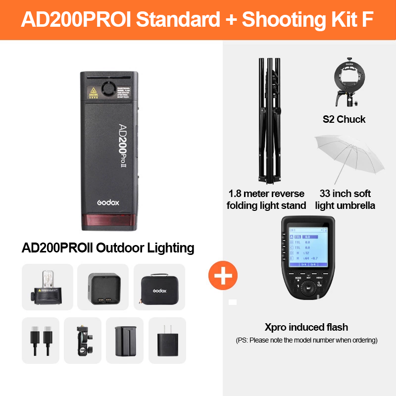 AD200ProII+ S2+ Paraguas de 33 pulgadas+ Xpro+ Soporte de luz inverso de 1,5 m