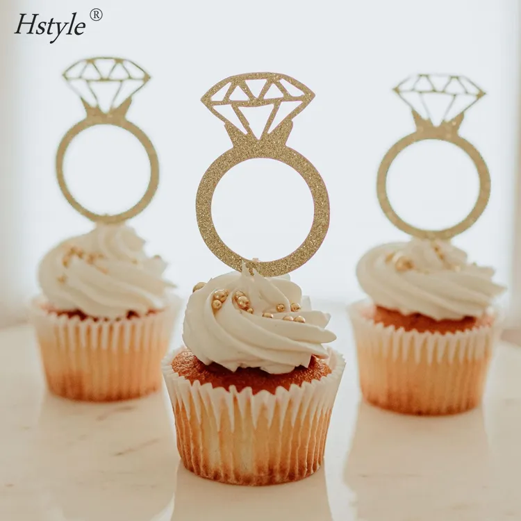 12PCS/pack de oro anillo de diamante Cupcake Toppers boda compromiso nupcial ducha decoraciones PQ001