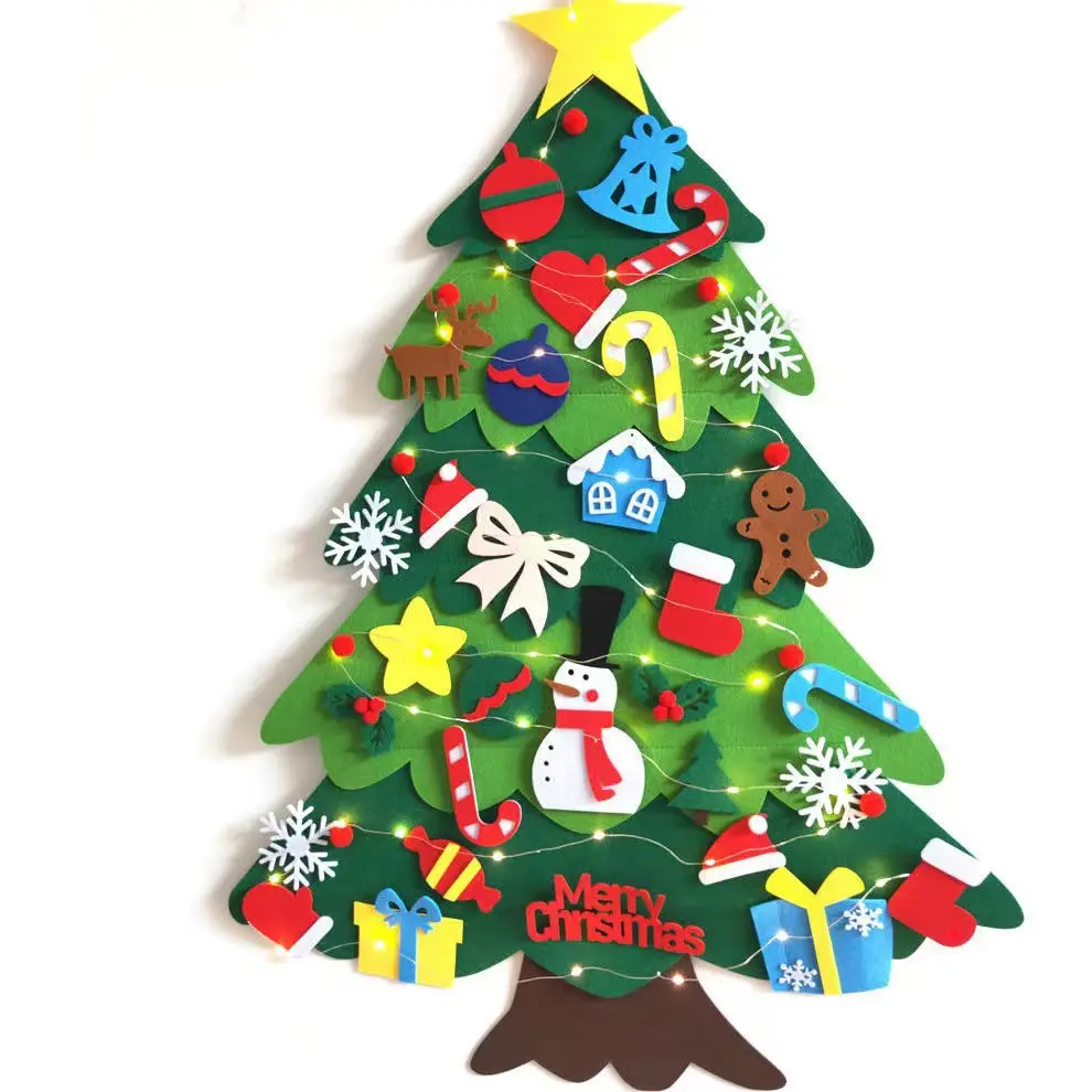 Popular adornos colgantes de pared manualidades 3D DIY fieltro iluminado árbol de Navidad conjunto rompecabezas juguetes educativos para niños niñas