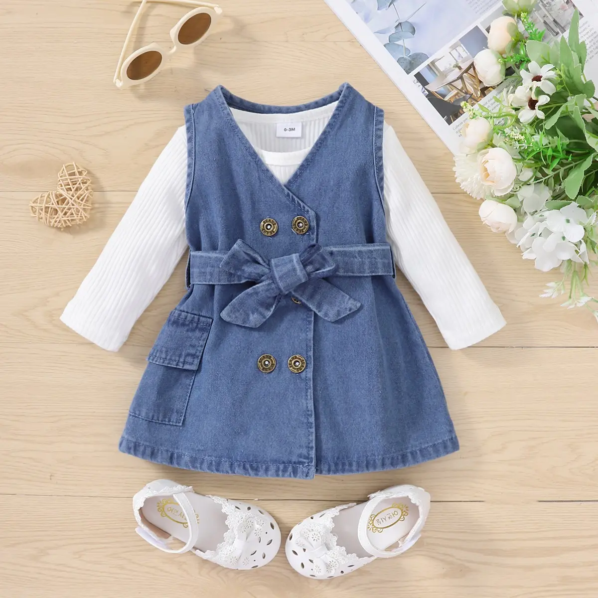 Otoño e Invierno New Ins Popular Baby Girls' White Cotton Pit Stripe Romper Strap Wash Denim Falda