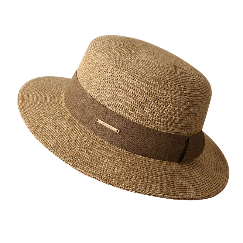 Custom High Quality Weave Fine Wide Brim Panama Fedora Straw Sun Hat Unisex Cowboy Flat Straw Hat Design Summer Women Church Hat