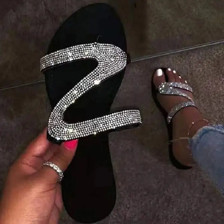 Sandália feminina de cristal, chinelos e sandálias femininas de couro com diamante cravejado, pedras preciosas