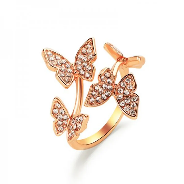 Anéis ajustáveis para mulheres, jovens temperamentos de nova moda, presente para meninas, prata, dourado, strass, anéis de dedo e borboleta