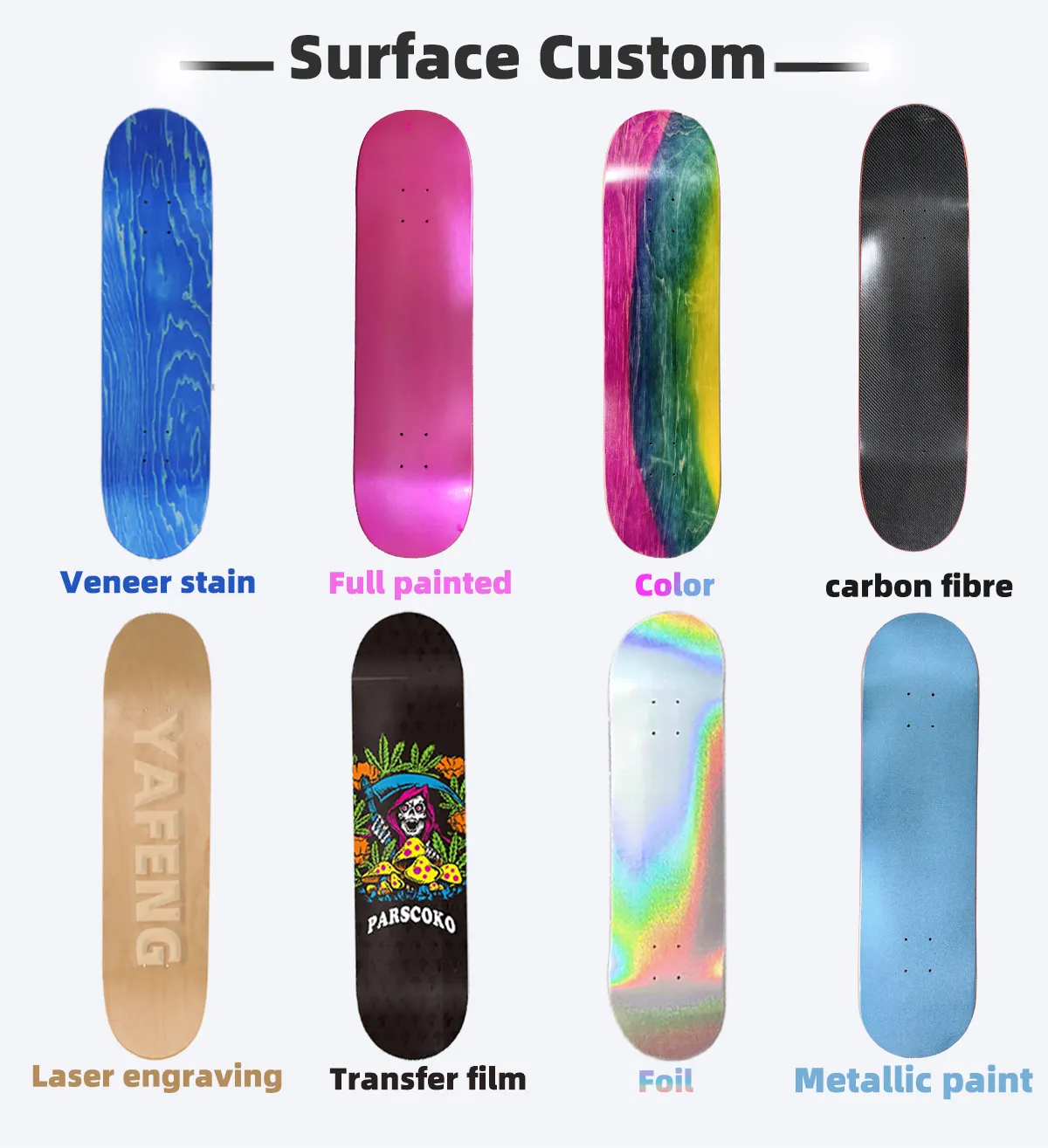 Yafeng nhà sản xuất trống Skate Board boong OEM 7.0-10 inch bằng Gỗ Sâu lõm giá rẻ Ván trượt dành cho người lớn tùy chỉnh Skateboard boong