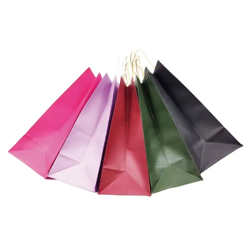 Tas belanja kertas Kraft pegangan warna-warni cetak kustom untuk pakaian makanan dan hadiah tas kemasan