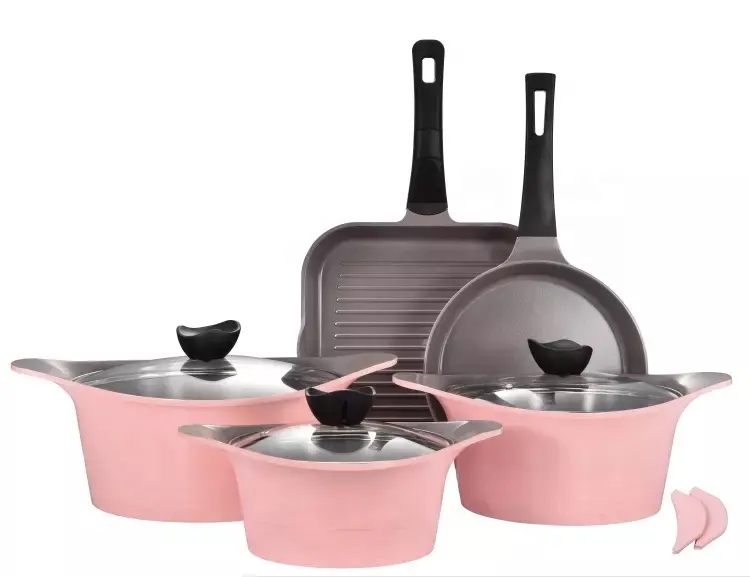 8 個ダイカストアルミ韓国モデルピンク色調理器具セット高品質グレーセラミックコーティング