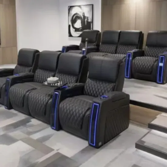 Üst tahıl deri tiyatro oturma 2 koltuk güç recliner kanepe ev sinema odası sandalye ticari tiyatro için LED bardak tutucu ile