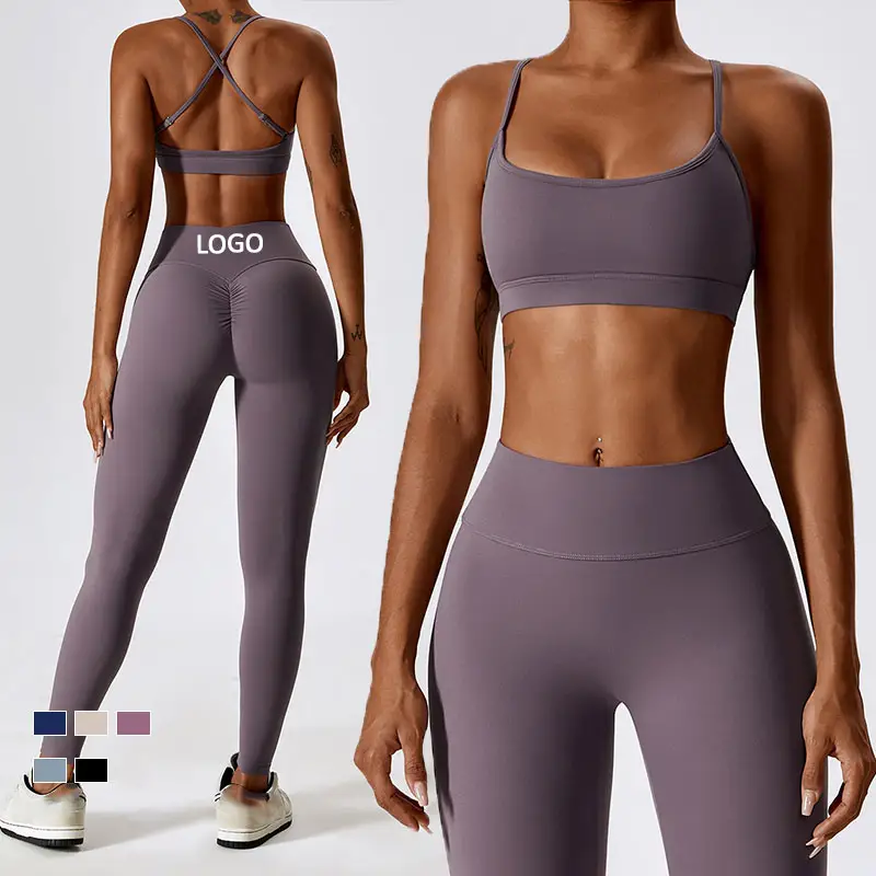Set Bra Yoga, celana olahraga nilon empuk, silang belakang, pakaian Fitness Gym legging latihan Gym