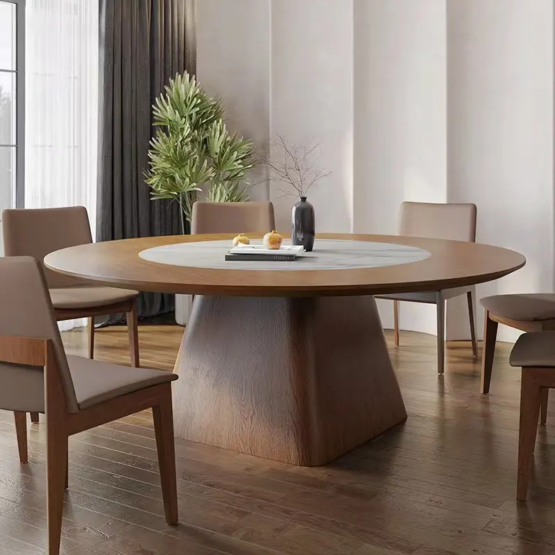 Grande table à manger ronde en bois pour 12 personnes avec ruban en noyer massif intégré dans la table de restaurant rotative en bois