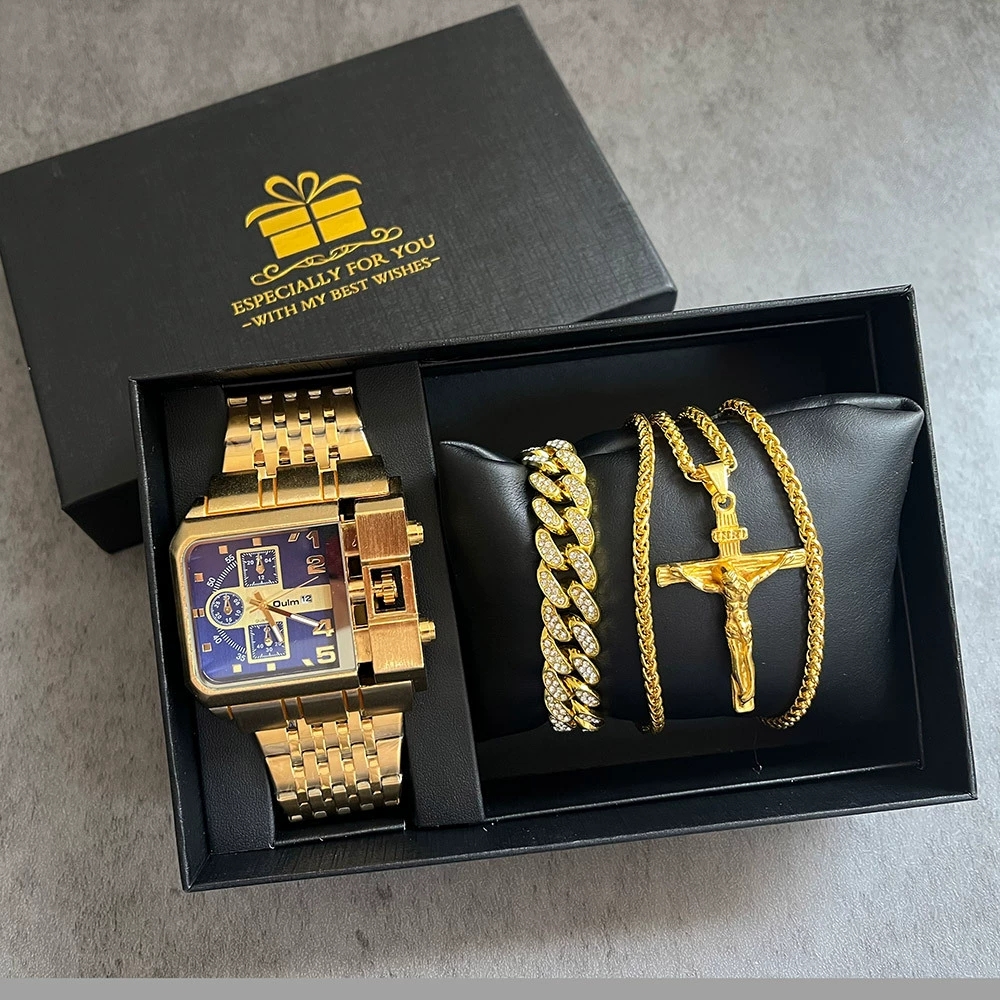 14 Oulm 3364 Blue Gold Watch with Bracelet Necklace and Box