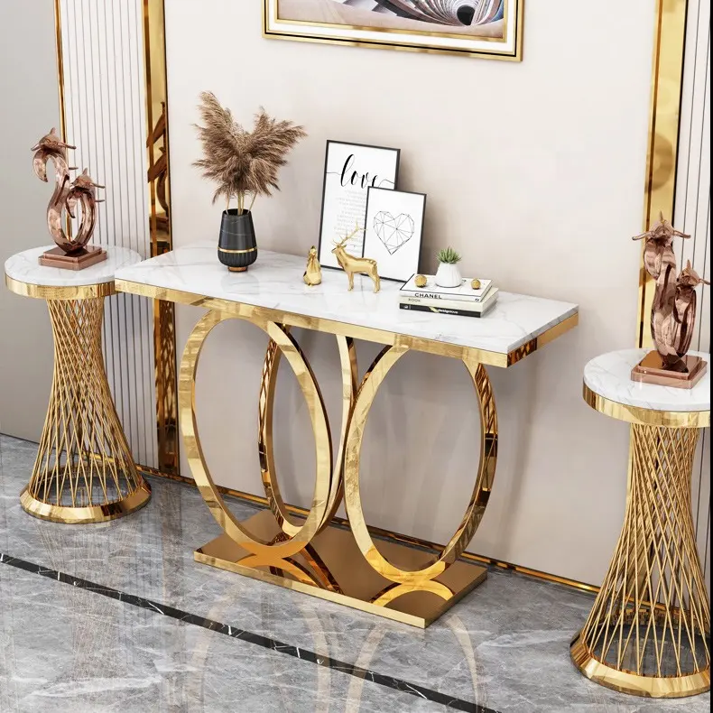 Mesa de console de aço inoxidável estilo barroco, tabela quadrada dourada e estreita de entrada, móveis longa sala de estar
