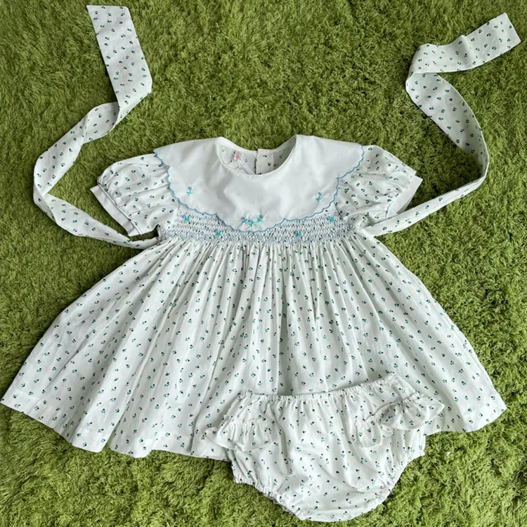 Mais recente design bebê floral impresso tecido de algodão simples fantasia bebê festa vestido