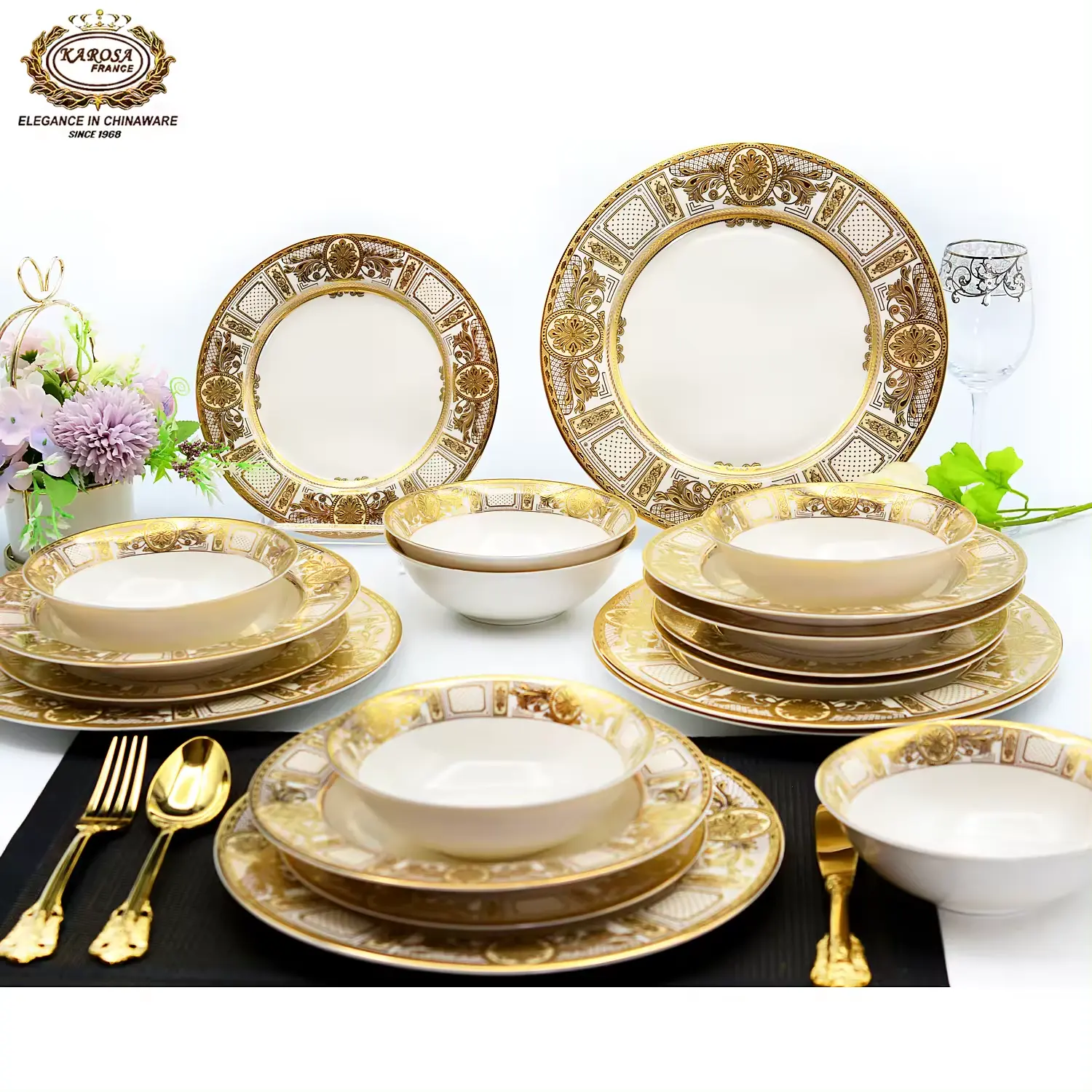 24pcs Luxury German 24 K embossed real gold plated dinnerware set customized high quality gold table set