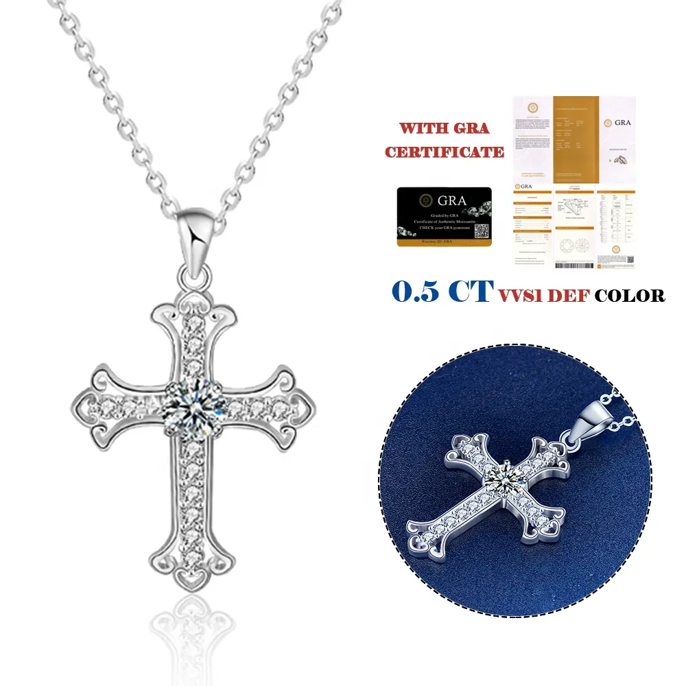 925 ожерелье из стерлингового серебра с крестом 0,5 карат муассанит бриллиантовый крест кулон ожерелья для женщин оптовая продажа ювелирных изделий