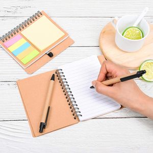 Marcador de página de notas adhesivas portátil, pestañas de índice de colores, cubierta de papel Kraft, Bloc de notas, cuaderno espiral con bolígrafo