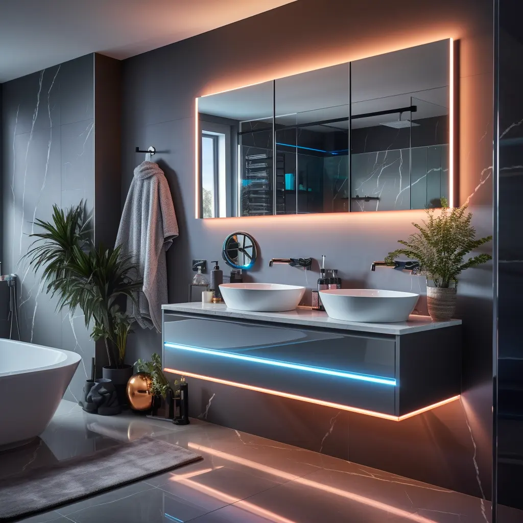 Gabinete de almacenamiento de baño con doble fregadero flotante moderno, iluminación de tocador con lavabo de espejo para baño de Hotel