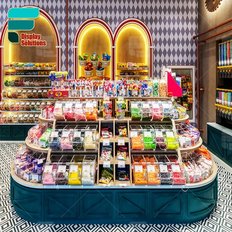 Display de doces para varejo, exibição de doces de gummy, prateleiras de madeira, kiosk