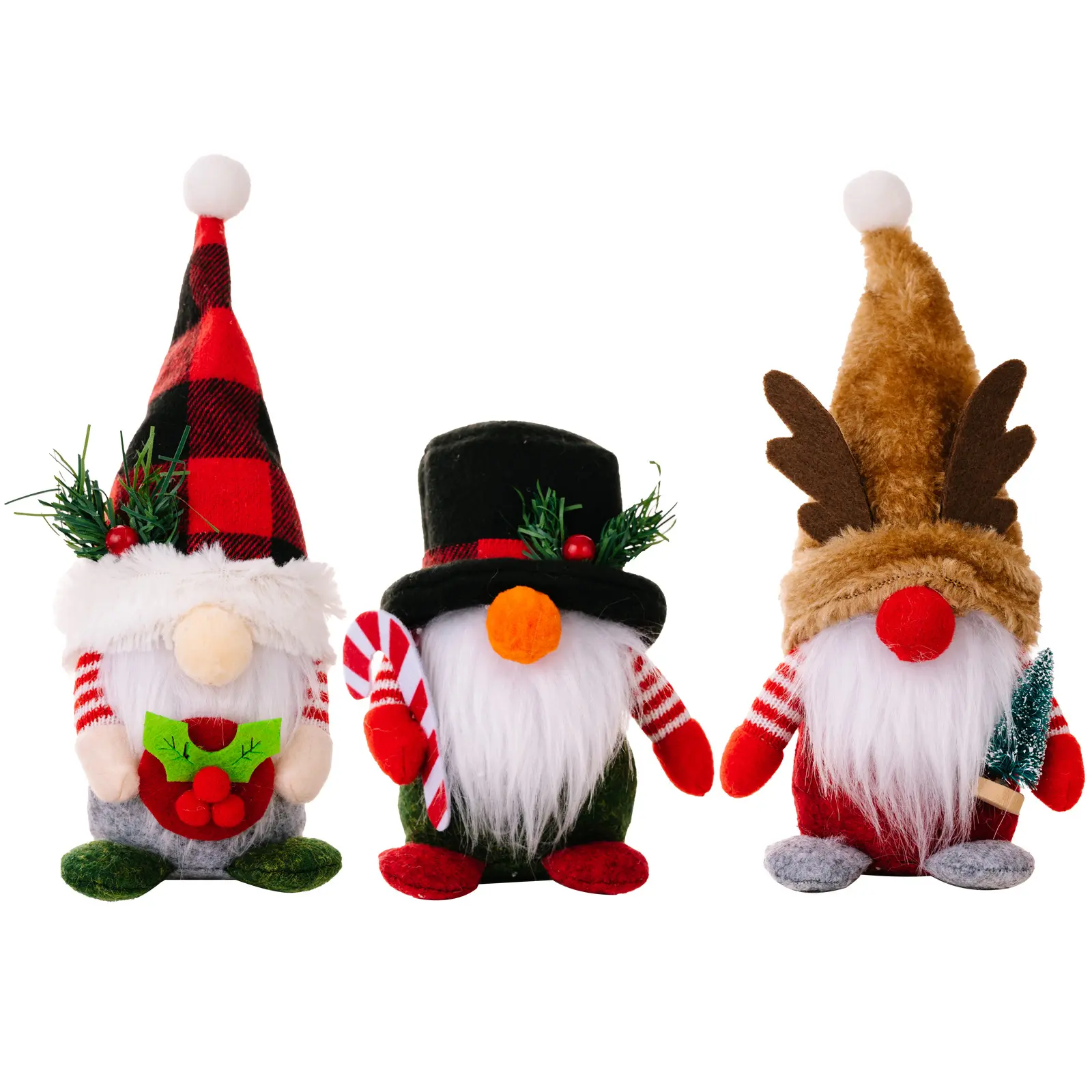 새로운 크리스마스 장식 봉제 인형 체크 무늬 모자 숲 사슴 뿔과 노인 드워프 루돌프 인형