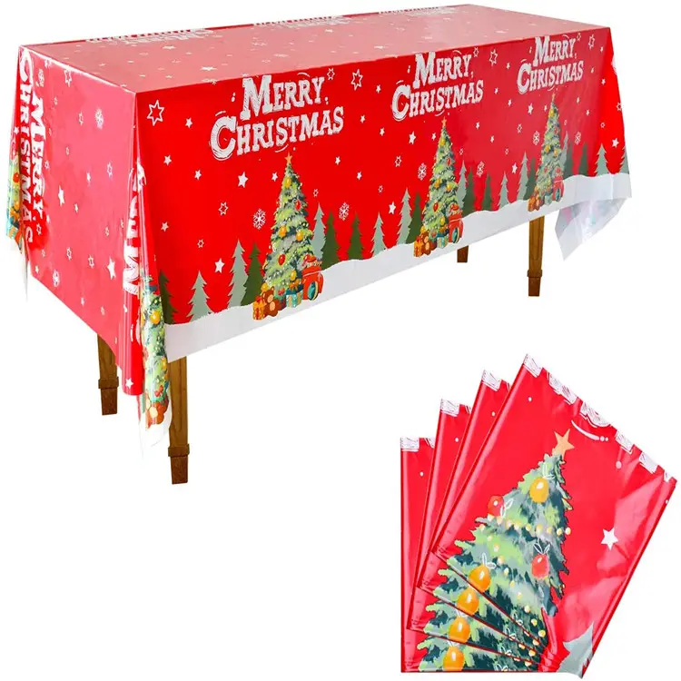 Red Plastic Rectangle Christmas Tree and Merry Christmas Pattern Tablecloth for Christmas Decor