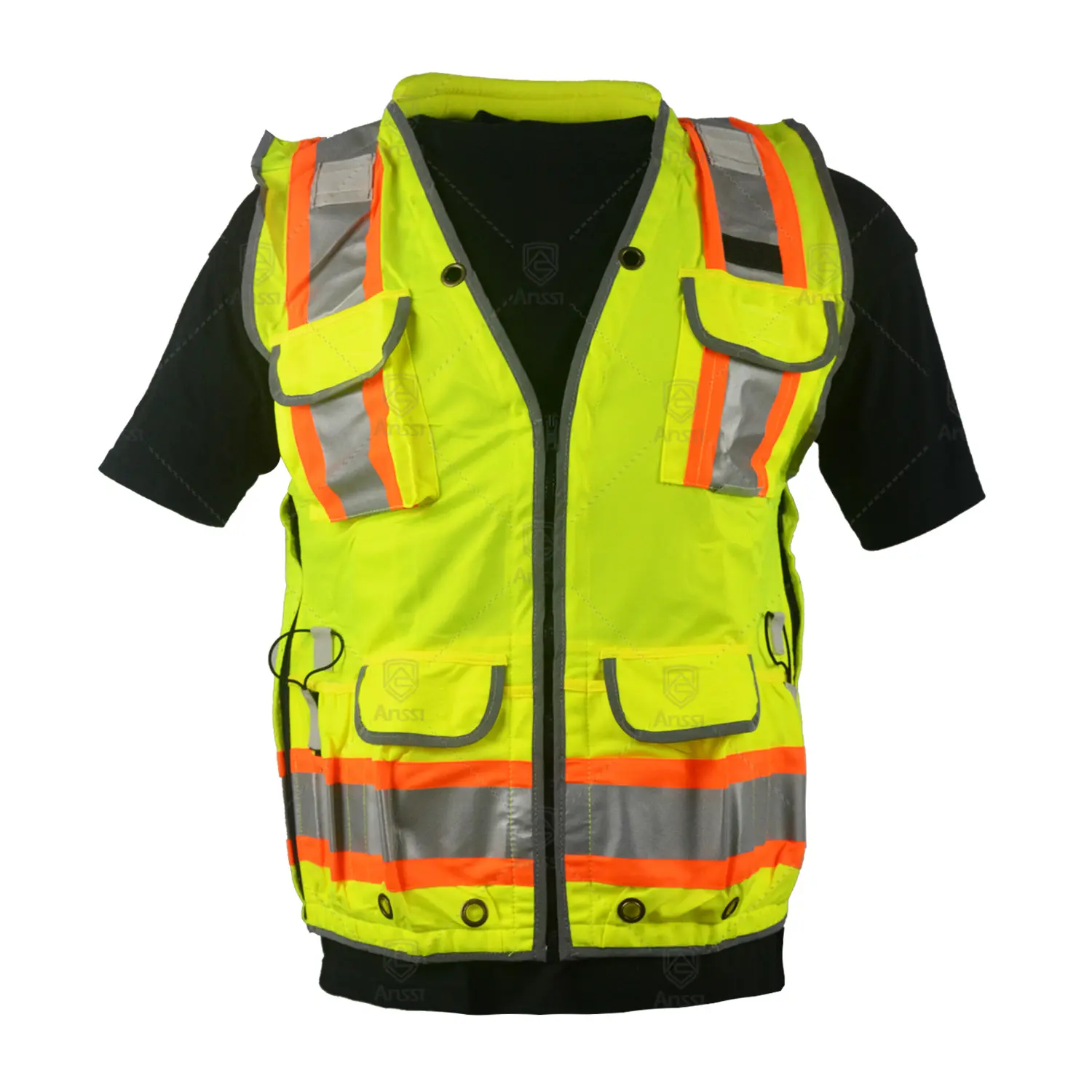 ขายส่ง ANSI Class 2ผู้สำรวจ Hi Vis เสื้อกั๊กเซฟตี้สะท้อนแสงพร้อมกระเป๋าอเนกประสงค์