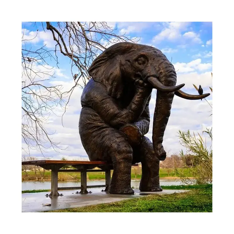 Escultura de bronze fundido para decoração de jardim ao ar livre, estátua de elefante sentado em banco, escultura em bronze