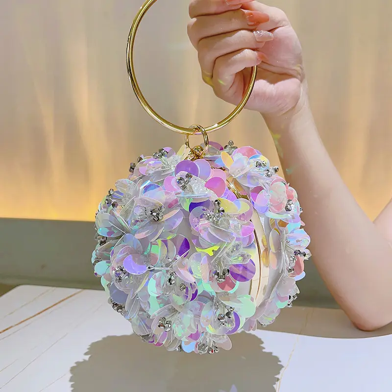 Personalizado 2024 diseño de lentejuelas perla flor bola tarde bolso de mano fiesta redondo bolso de mano para las mujeres