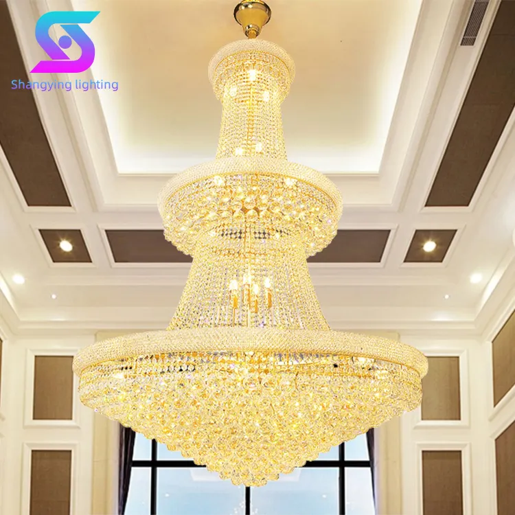 Gaya Modern Dekorasi Dalam Ruangan Tangga Hotel Besar Kristal Emas Lampu Gantung Mewah